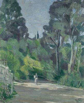 an oil painting of a person riding a horse down a dirt road