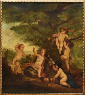 une peinture à l'huile représentant un groupe de cherensils dans un décor boisé