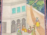 a painting of a group of people in a courtyard with a building in the background