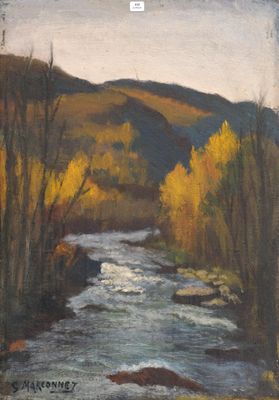 une peinture à l'huile représentant une rivière qui traverse une forêt peuplée d'arbres