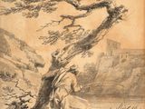 a drawing of a man standing under a tree next to a body of water