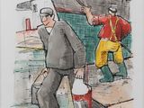dessin représentant un homme marchant dans une rue, avec un bateau en arrière-plan