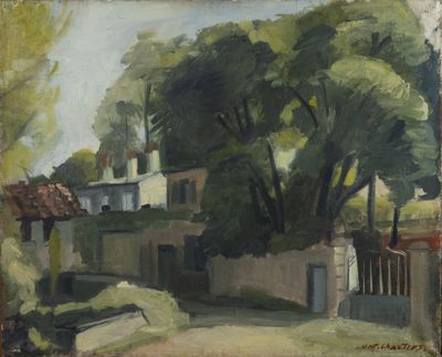 une peinture à l'huile représentant une maison et des arbres par une journée ensoleillée