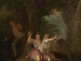 painting of a woman and child in a wooded landscape with a monkey