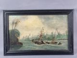 une peinture à l'huile représentant des bateaux sur un plan d'eau, avec un phare en arrière-plan