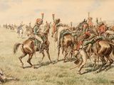 an image of a painting of a group of men on horses