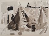 un dessin en noir et blanc représentant un bateau posé sur une table