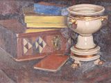 a painting of a vase and books on a table