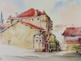 a watercolor painting of a street scene with a church in the background