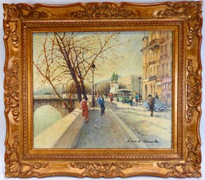 une peinture à l'huile représentant une scène de rue avec des personnes marchant dans la rue