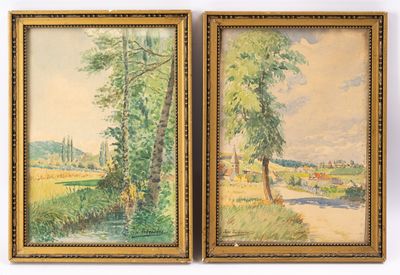 two framed paintings of trees and a road in a field