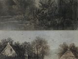 two pictures of a house and a river in the same picture