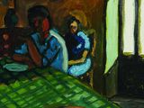 painting of a group of people sitting around a table in a room