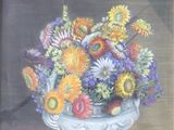 a painting of a vase of flowers on a table