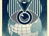an image of a blue and white poster with an image of a globe