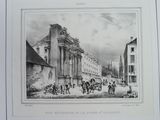 an old picture of a building with a horse drawn carriage in front of it