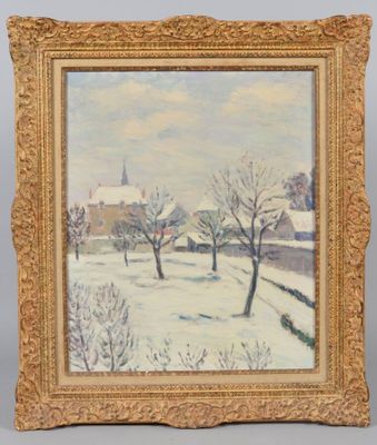 une peinture d'un paysage enneigé avec des arbres au premier plan