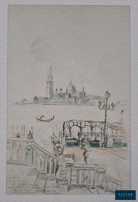 tableau représentant une vue d'un port avec des bateaux et des bâtiments en arrière-plan