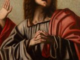 an image of a painting of jesus holding a cross in his hands