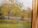 an oil painting of a landscape with trees and a river in the distance