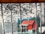a painting of a red cabin in the woods