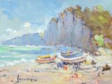 a painting of a beach scene with boats on the shore