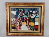 painting of a painting of a city with trees and buildings