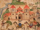 an image of a painting of people and animals in front of a castle