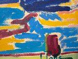 an image of a painting of a red wagon in a field