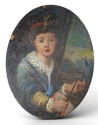 painting of a young boy holding a stick in his right hand and wearing a red beret