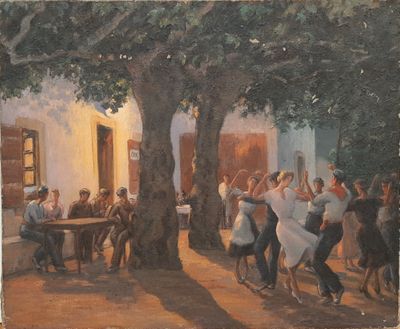 a painting of a group of people dancing under a tree
