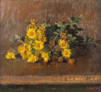 un tableau représentant un bouquet de fleurs jaunes posé sur une table
