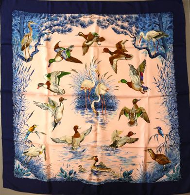 blue and pink silk scarf with birds and water scene