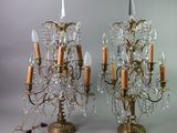 pair of antique brass and crystal candelabs