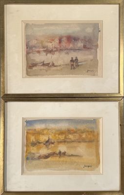 deux aquarelles représentant une scène de plage, dans un cadre doré