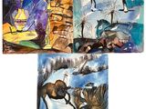 quatre tableaux différents représentant des personnes et des animaux sur fond blanc