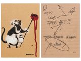 graffiti art of a rat holding a rose and a piece of paper with writing on it
