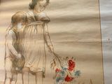 a drawing of a girl holding a bunch of flowers on a table