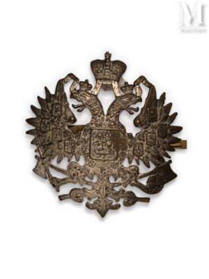 an old metal badge with a crown and two birds on it