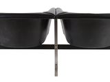 pair of black leather chairs with chrome legs on a white background