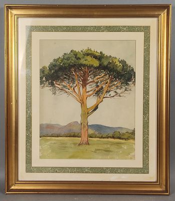 aquarelle encadrée représentant un arbre dans un champ, avec des montagnes en arrière-plan
