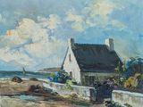 une peinture à l'huile représentant une maison au bord de l'eau, avec un voilier en arrière-plan