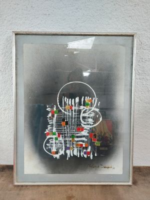 framed photograph of a picture of a man with a guitar in a room