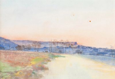 a watercolor painting of a road with a bird flying in the sky