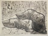 dessin représentant une paire de chaussures posée sur une table, à côté d'un bol de fruits