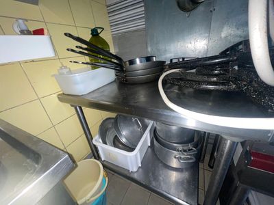 des casseroles et des poêles posées sur une étagère métallique dans une cuisine