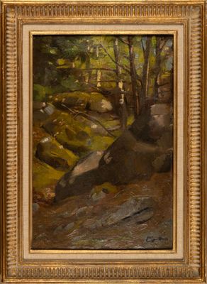 a painting of a wooded landscape with rocks and trees
