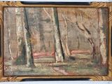 an oil painting of trees in a wooded area with a bench