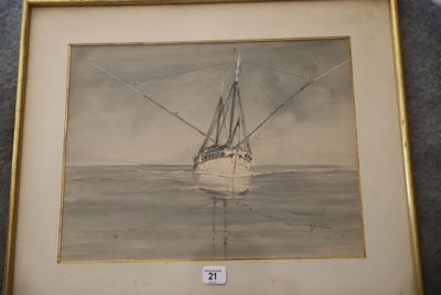 peinture représentant un bateau dans l'eau, sur lequel figure le chiffre 21