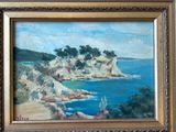 a picture of a painting of a rocky coast